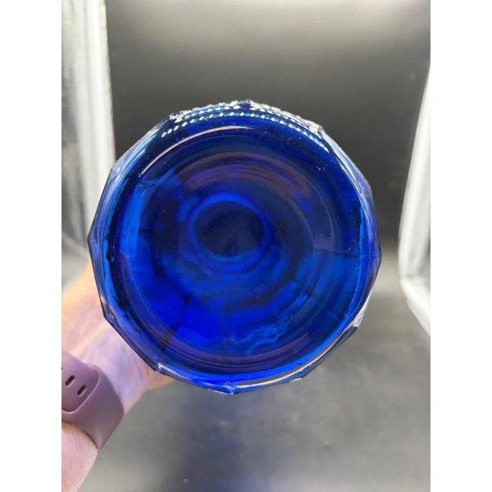 Vintage Cobalt Blue Glass Canister Octagonal Faceted Jar Wire Bale Swing Top Lid